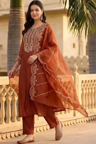 women ethnic motifs embroidered regular thread work liva kurta with trousers & with dupatta