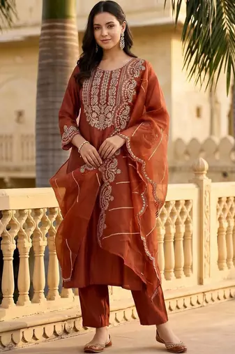 women ethnic motifs embroidered regular thread work liva kurta with trousers & with dupatta
