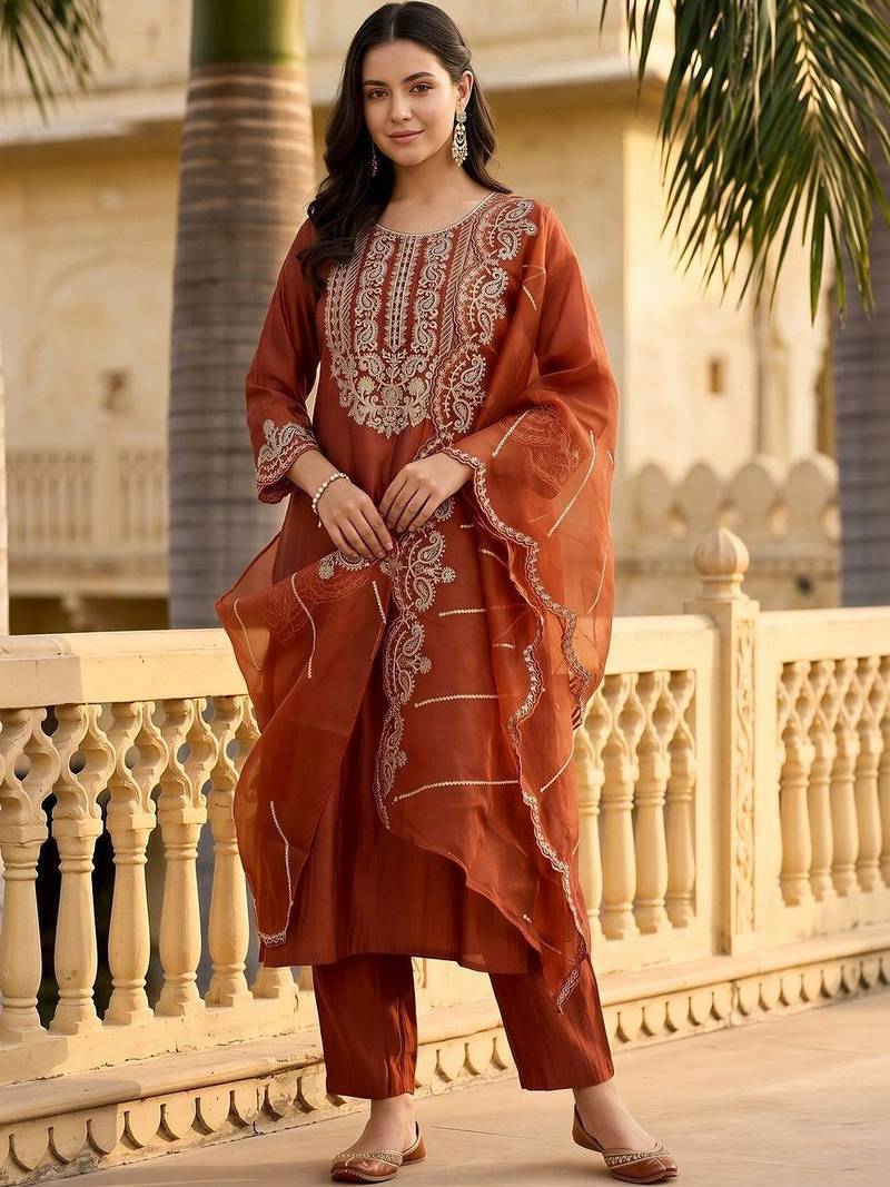 women ethnic motifs embroidered regular thread work liva kurta with trousers & with dupatta