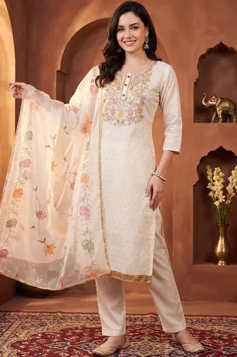 women ethnic motifs embroidered regular sequinned kurta with trousers & with dupatta