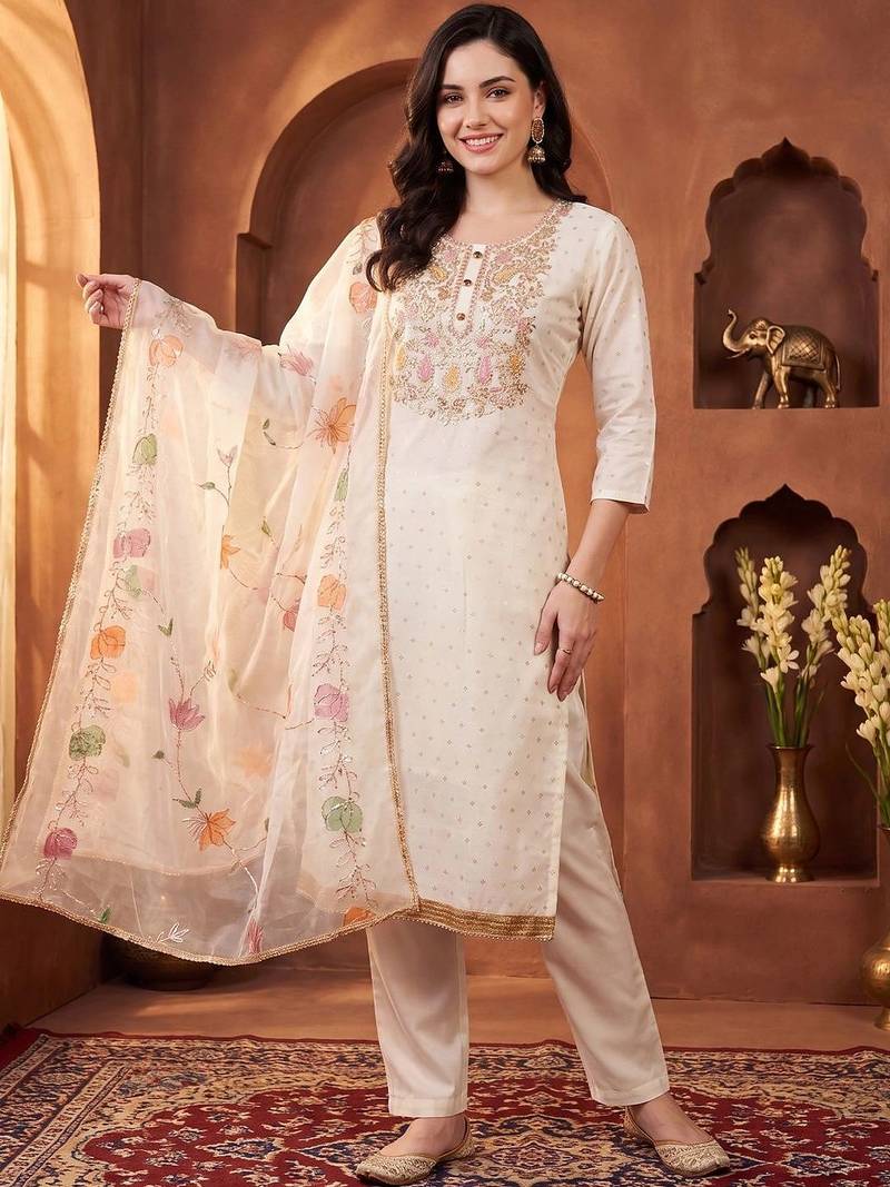 women ethnic motifs embroidered regular sequinned kurta with trousers & with dupatta