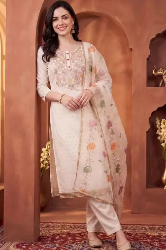 women ethnic motifs embroidered regular sequinned kurta with trousers & with dupatta