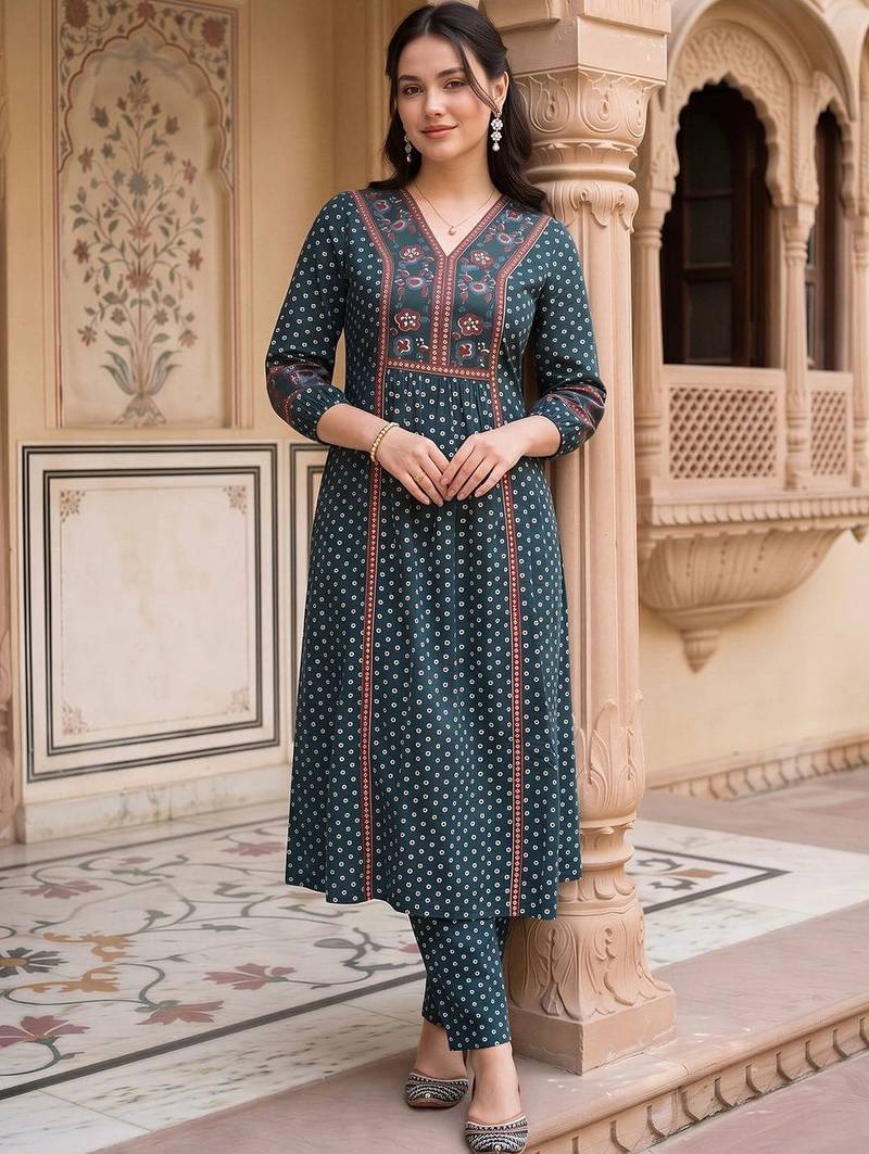 women ethnic motifs printed regular cotton kurta with trousers