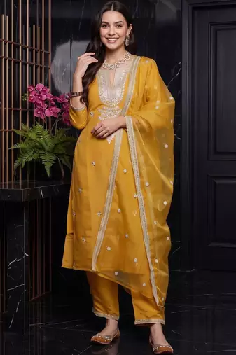 women ethnic motifs embroidered regular thread work kurta with trousers & with dupatta
