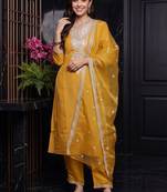 women ethnic motifs embroidered regular thread work kurta with trousers & with dupatta