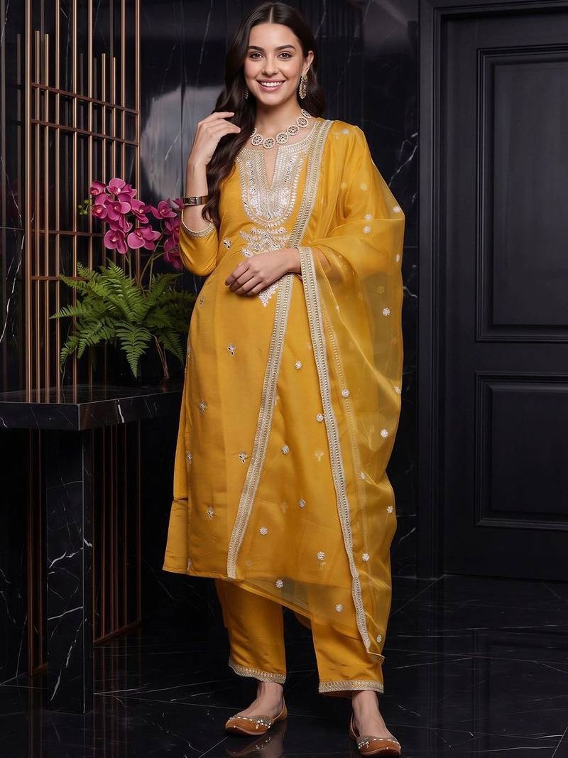women ethnic motifs embroidered regular thread work kurta with trousers & with dupatta