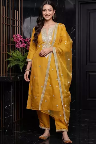 women ethnic motifs embroidered regular thread work kurta with trousers & with dupatta