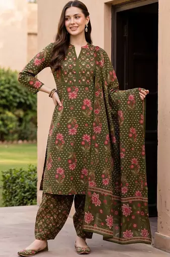 women floral printed regular cotton kurta with patiala & with dupatta