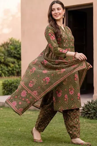 women floral printed regular cotton kurta with patiala & with dupatta