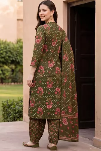 women floral printed regular cotton kurta with patiala & with dupatta
