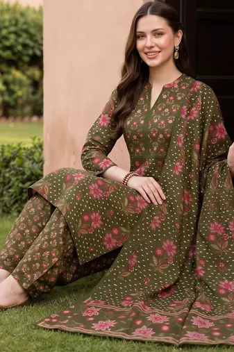 women floral printed regular cotton kurta with patiala & with dupatta