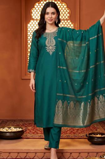 women ethnic embroidered regular thread work kurta with trousers & with dupatta