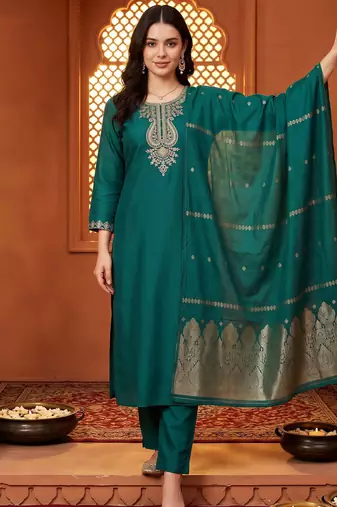 women ethnic embroidered regular thread work kurta with trousers & with dupatta