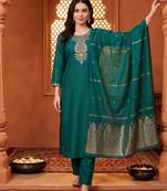women ethnic embroidered regular thread work kurta with trousers & with dupatta