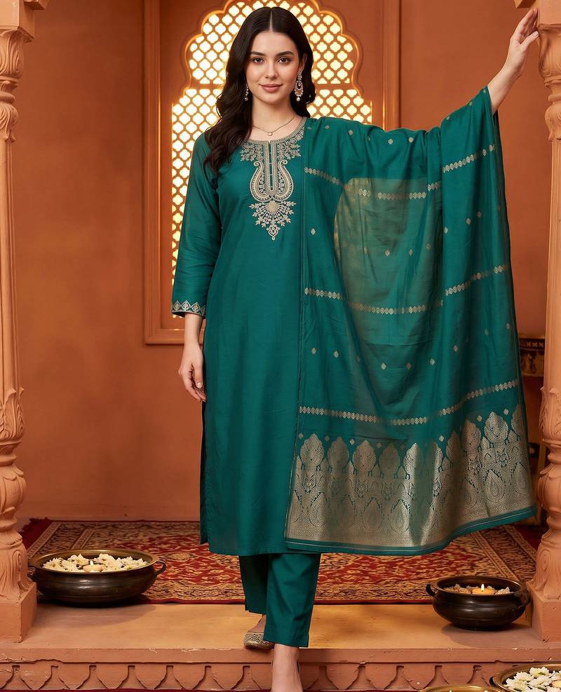 women ethnic embroidered regular thread work kurta with trousers & with dupatta