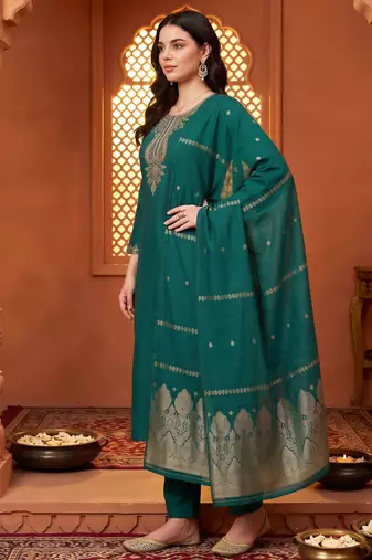 women ethnic embroidered regular thread work kurta with trousers & with dupatta