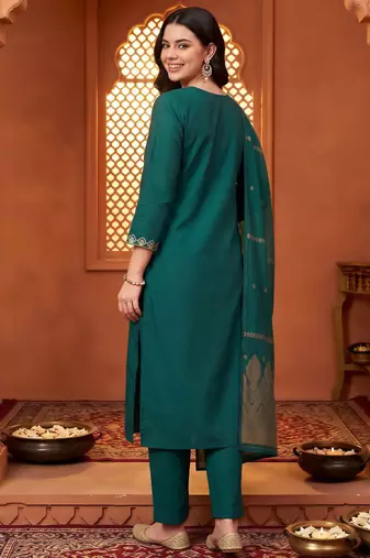 women ethnic embroidered regular thread work kurta with trousers & with dupatta