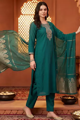 women ethnic embroidered regular thread work kurta with trousers & with dupatta