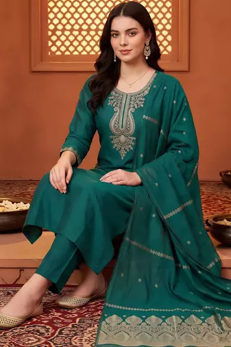 women ethnic embroidered regular thread work kurta with trousers & with dupatta