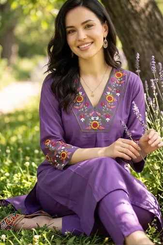women floral embroidered regular thread work kurta with trousers