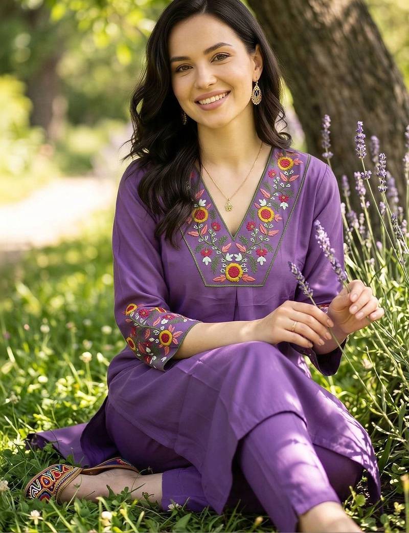 women floral embroidered regular thread work kurta with trousers