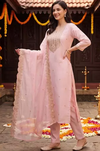women ethnic motifs embroidered regular thread work kurta with trousers & with dupatta