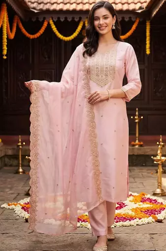 women ethnic motifs embroidered regular thread work kurta with trousers & with dupatta