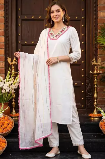 women ethnic motifs embroidered regular thread work kurta with trousers & with dupatta
