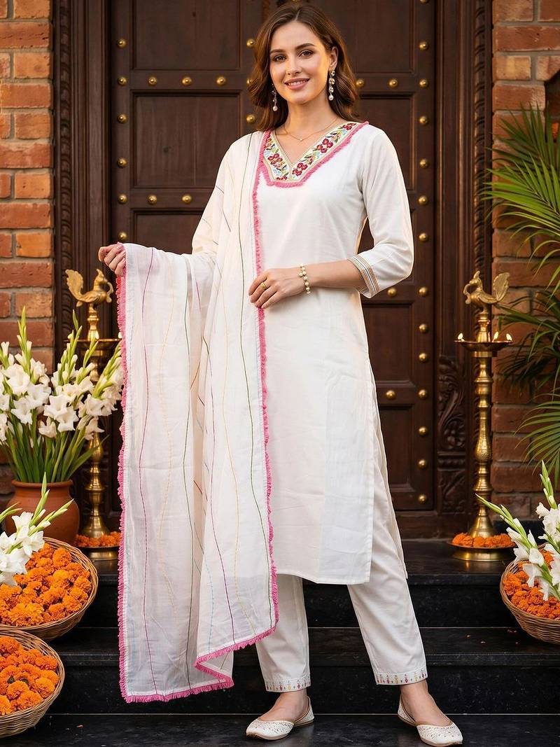 women ethnic motifs embroidered regular thread work kurta with trousers & with dupatta