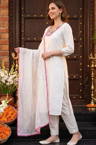 women ethnic motifs embroidered regular thread work kurta with trousers & with dupatta