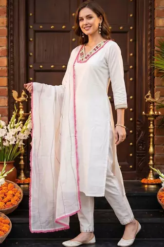 women ethnic motifs embroidered regular thread work kurta with trousers & with dupatta