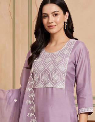 women regular thread work kurta with trousers & with dupatta 2