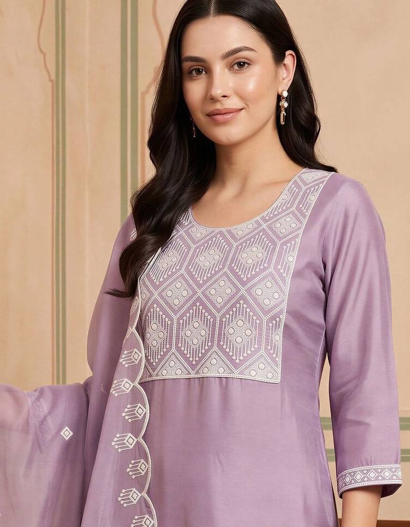 women regular thread work kurta with trousers & with dupatta