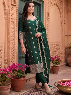 women ethnic motifs embroidered regular thread work kurta with trousers & with dupatta 1