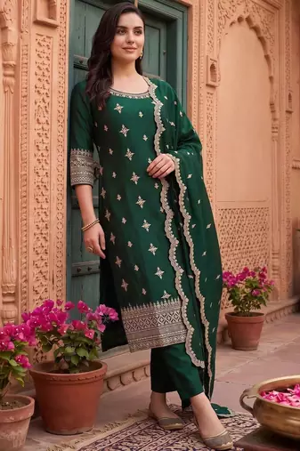 women ethnic motifs embroidered regular thread work kurta with trousers & with dupatta