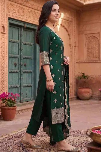 women ethnic motifs embroidered regular thread work kurta with trousers & with dupatta