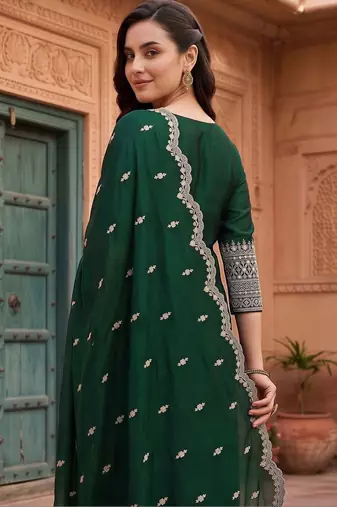 women ethnic motifs embroidered regular thread work kurta with trousers & with dupatta