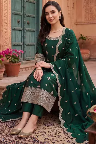 women ethnic motifs embroidered regular thread work kurta with trousers & with dupatta