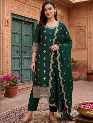 women ethnic motifs embroidered regular thread work kurta with trousers & with dupatta 6
