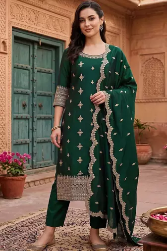 women ethnic motifs embroidered regular thread work kurta with trousers & with dupatta