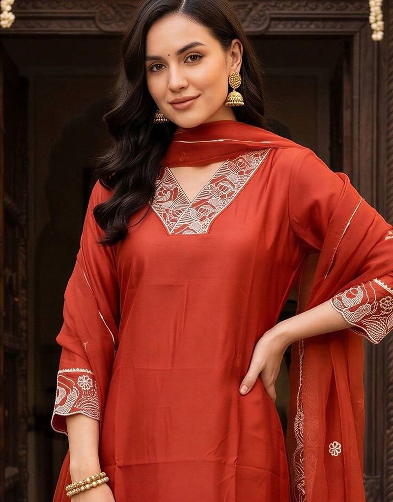 women ethnic motifs embroidered regular thread work kurta with trousers & with dupatta