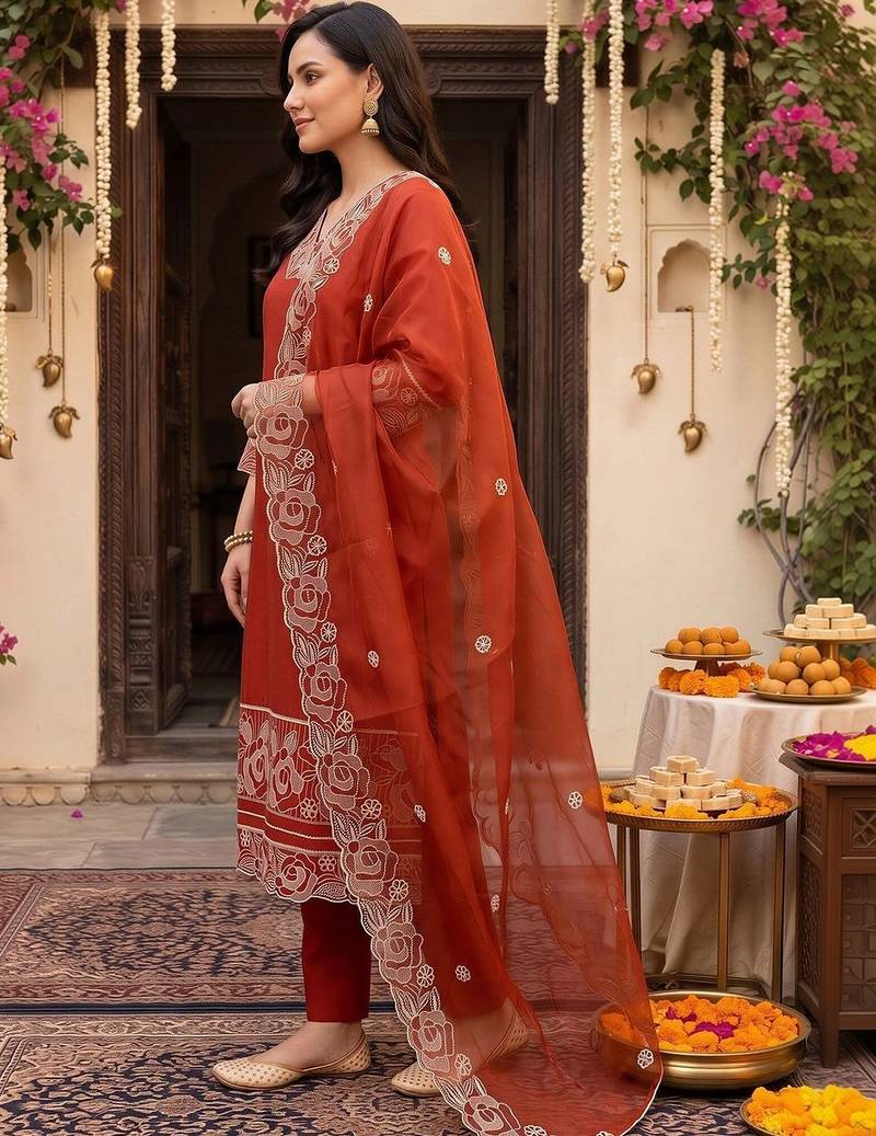 women ethnic motifs embroidered regular thread work kurta with trousers & with dupatta