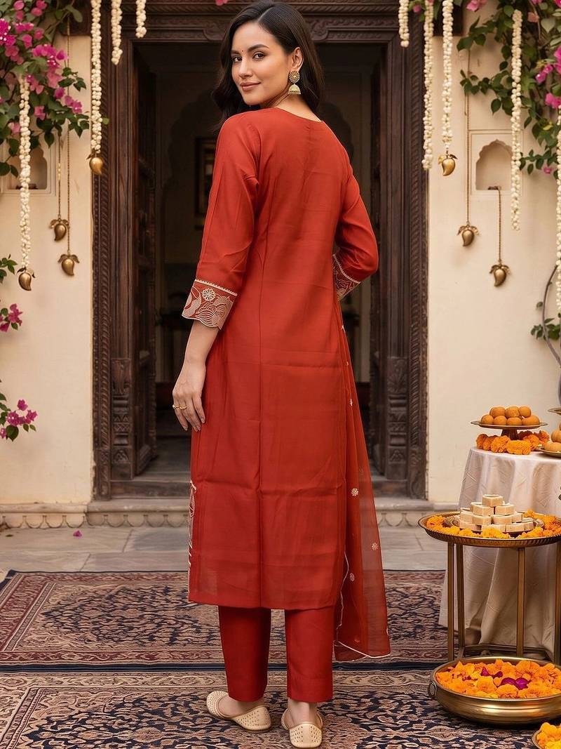 women ethnic motifs embroidered regular thread work kurta with trousers & with dupatta