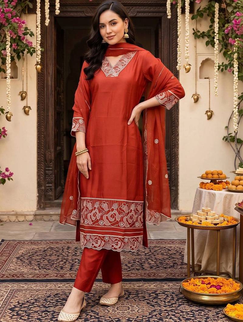 women ethnic motifs embroidered regular thread work kurta with trousers & with dupatta