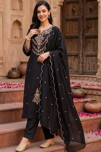 women ethnic motifs embroidered regular thread work kurta with trousers & with dupatta