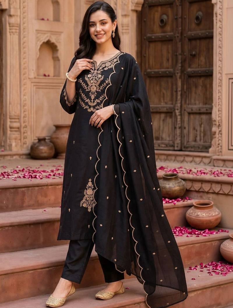 women ethnic motifs embroidered regular thread work kurta with trousers & with dupatta