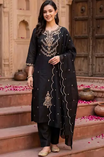 women ethnic motifs embroidered regular thread work kurta with trousers & with dupatta