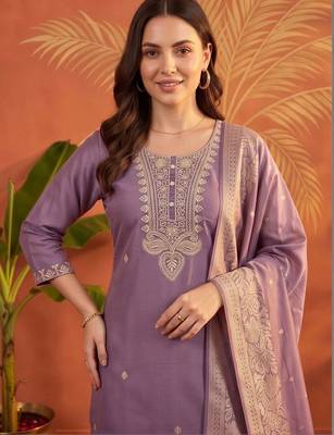 women ethnic motifs embroidered regular thread work kurta with palazzos & with dupatta 2
