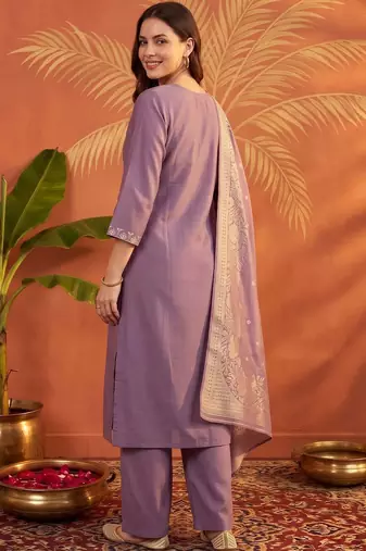 women ethnic motifs embroidered regular thread work kurta with palazzos & with dupatta