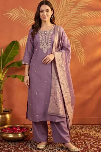 women ethnic motifs embroidered regular thread work kurta with palazzos & with dupatta
